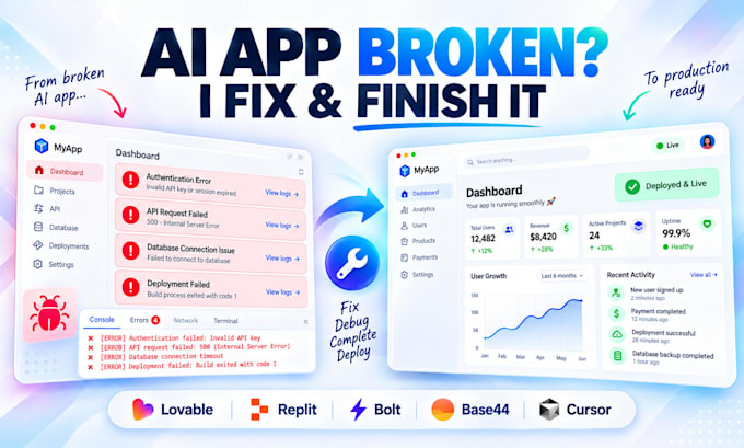 fix and finish your lovable replit bolt base44 vibecoded app