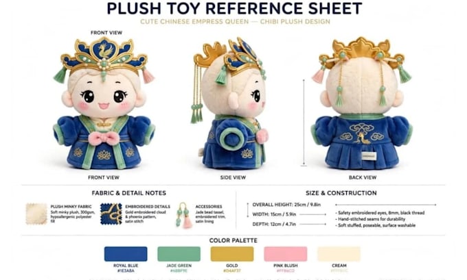 create custom plush reference sheet, stuffed animal design for manufacturing