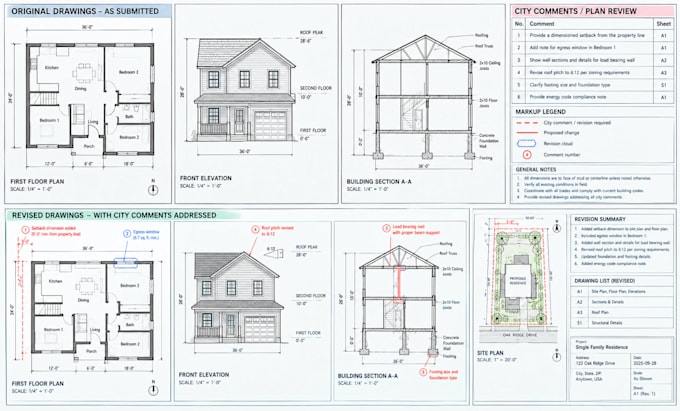 fix permit plan corrections, revise drawings and address city comments