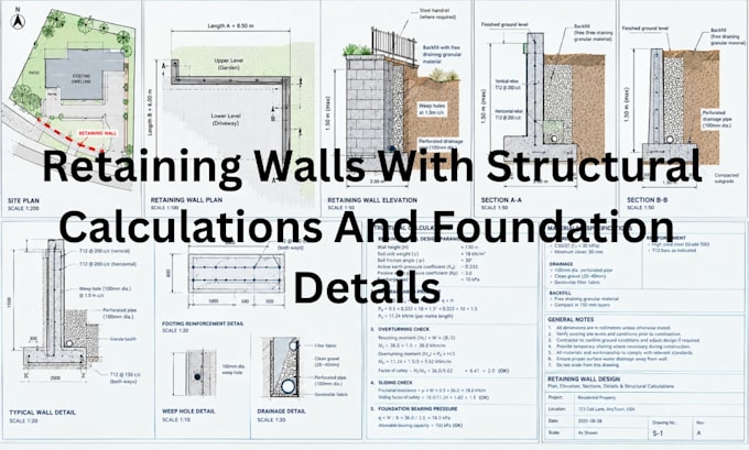 design retaining walls with structural calculations and foundation details
