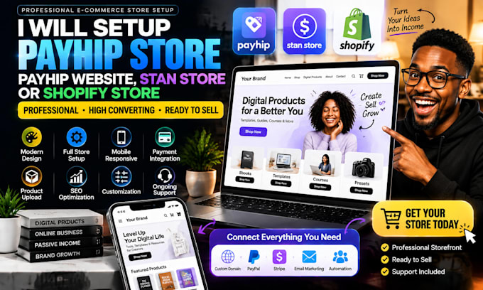 setup payhip store, payhip website, stan store, or shopify store