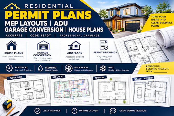 draft residential permit plans, mep layouts, adu, garage conversion, house plan