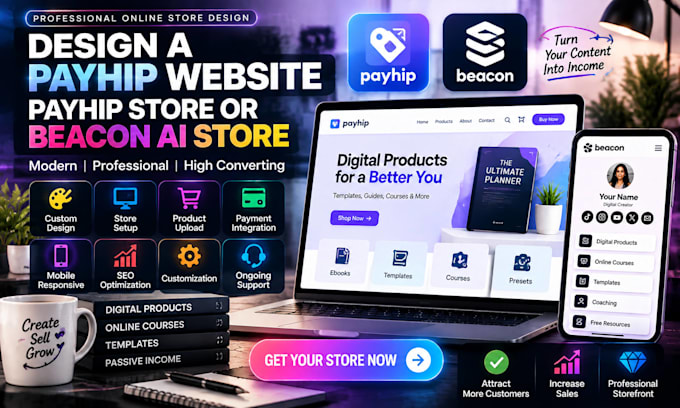 design a payhip website, payhip store, or beacon ai store