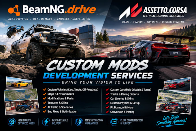 develop beamng drive, assetto corsa and custom mods with map
