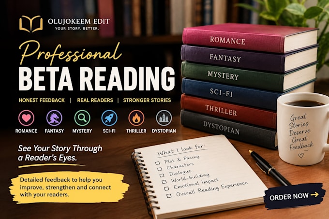 beta read your novel and give honest reader feedback on plot, pacing and
