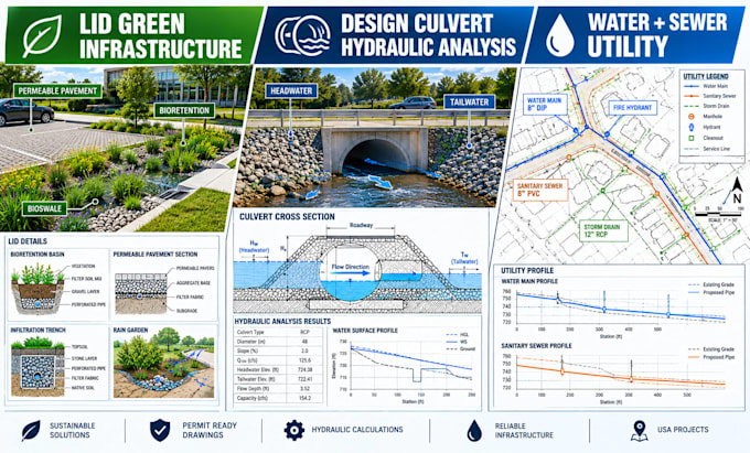 lid green infrastructure, culvert hydraulics analysis, water sewer utility plans