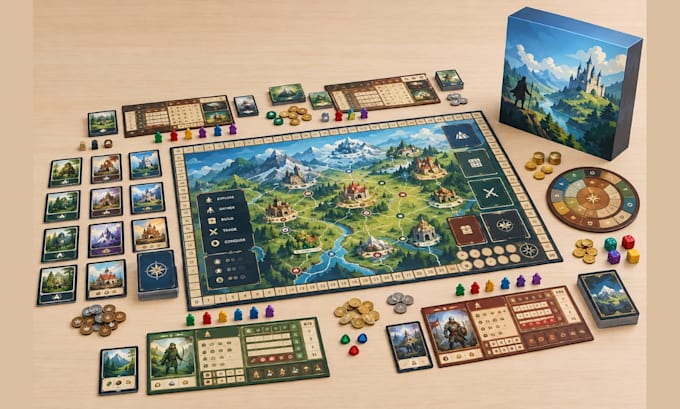 do custom board game design, card game, tabletop game, rulebook and game artwork