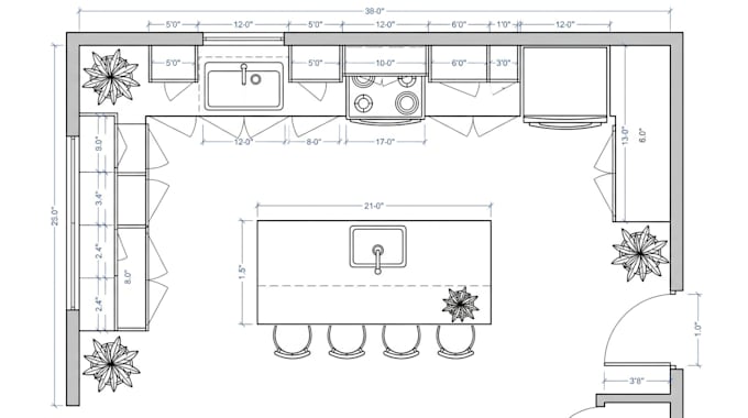 design custom kitchen cabinets layouts, dimensions and detailed floor plans