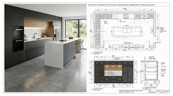 design modern handleless kitchen cabinetry, custom cabinet plans and layouts