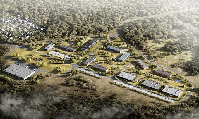render 3d rural site plan, commercial spaces, landscape masterplan, aerial view