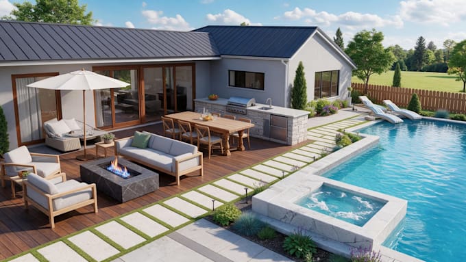 design pool landscape and backyard with outdoor kitchen, BBQ, firepit 3d render