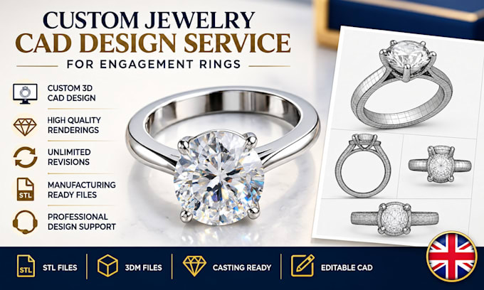 create engagement ring cad with stl 3dm and photorealistic render