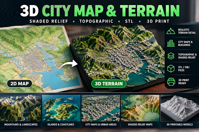 build 3d city map, terrain model landscape, shaded relief map for 3d printing