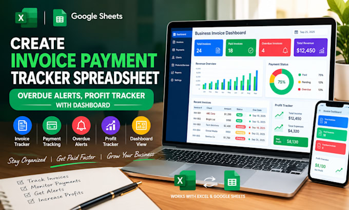 create invoice payment tracker spreadsheet, overdue alerts, profit tracker