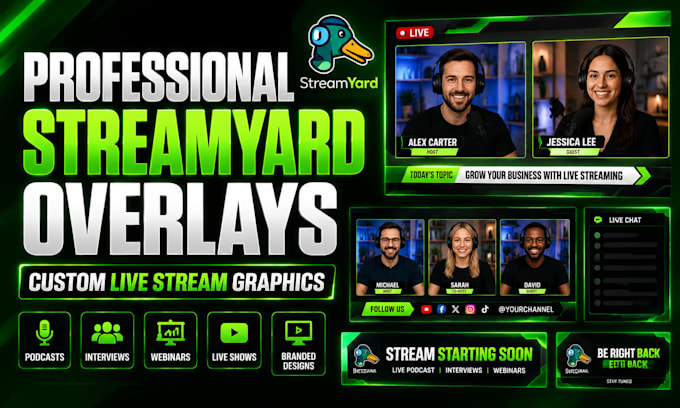 create professional streamyard overlays podcasts, interviews, and webinars