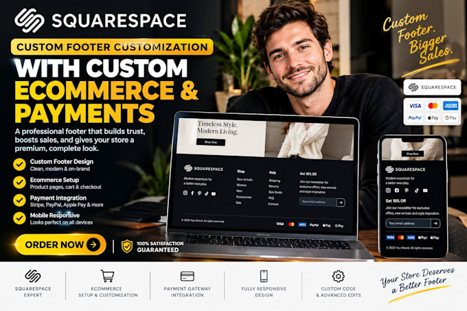 build custom squarespace footer with ecommerce payment setup squarespace design