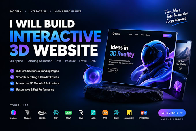 interactive 3d website 3d spline scrolling animation rive parallax lottie svg