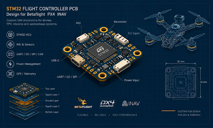 design stm32 flight controller pcb betaflight px4 inav drone uav board