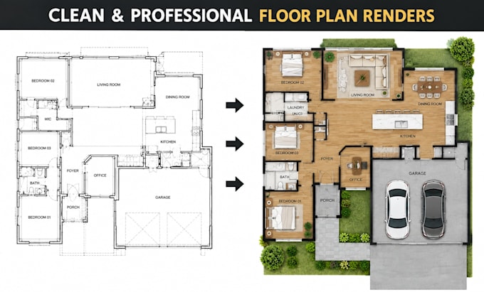 create a professional 2d coloured floor plan from cad or PDF