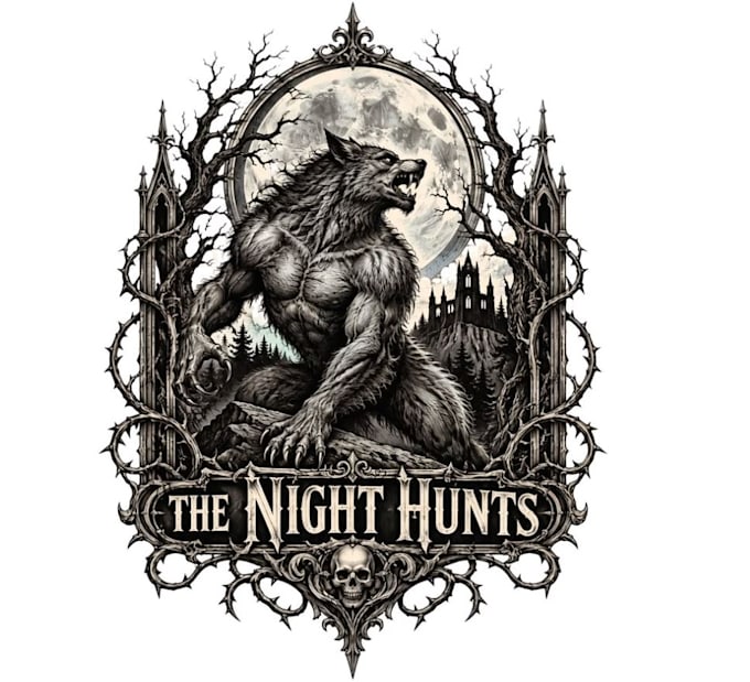 do a gothic werewolf logo with vintage dark halloween artwork
