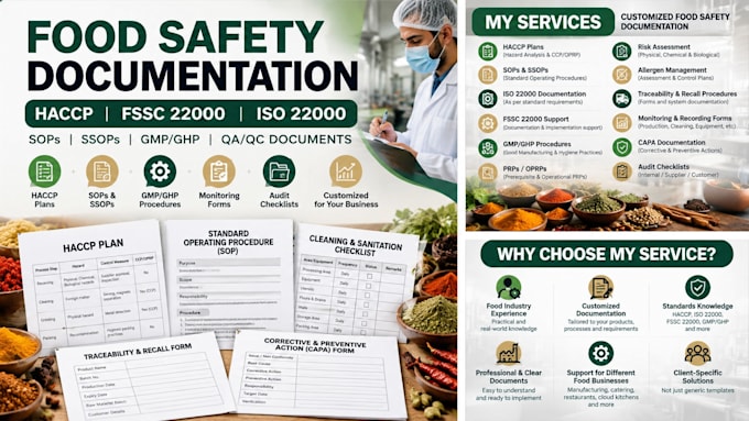 create haccp plans, food safety sops and iso 22000 documentation