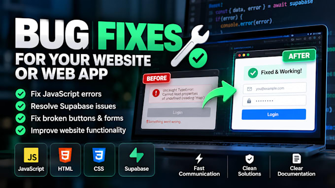 fix bugs in your website, web app or supabase database