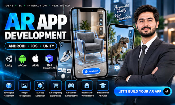 build ar augmented reality app for android and ios with unity, arcore, arkit