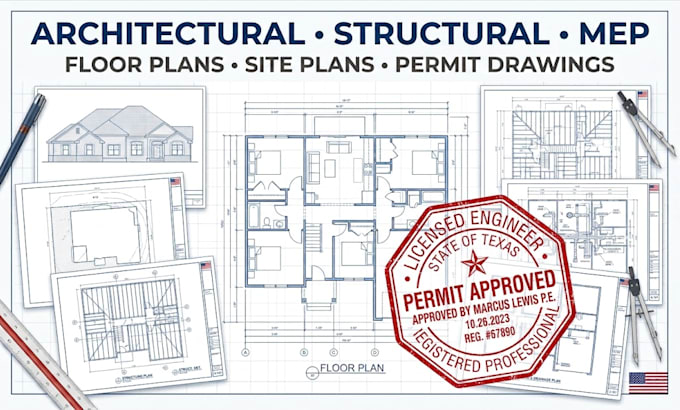 provide architectural structural mep plans and stamp in florida texas for permit