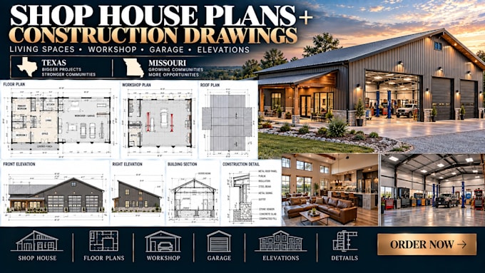 create shop house plans and construction drawings in texas, missouri