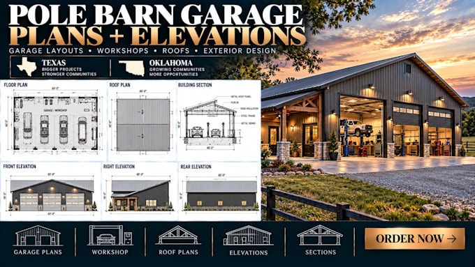 design pole barn garage plans and elevations in texas, oklahoma