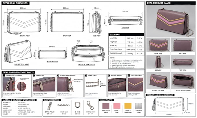 design production ready tech packs for handbags, purses and wallets