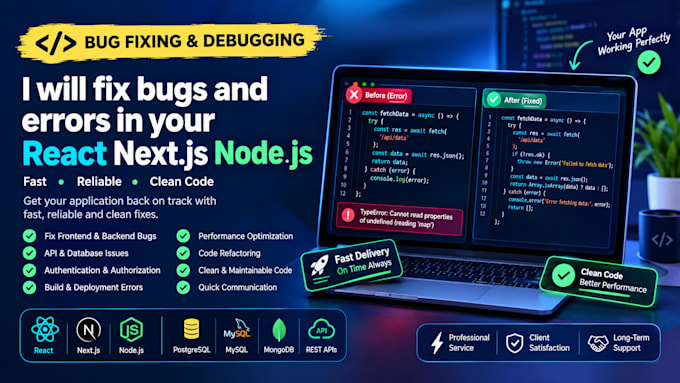 fix bugs and errors in your react nextjs nodejs web app