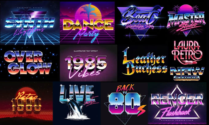 create 70s 80s 90s retro vintage chrome neon synthwave logo