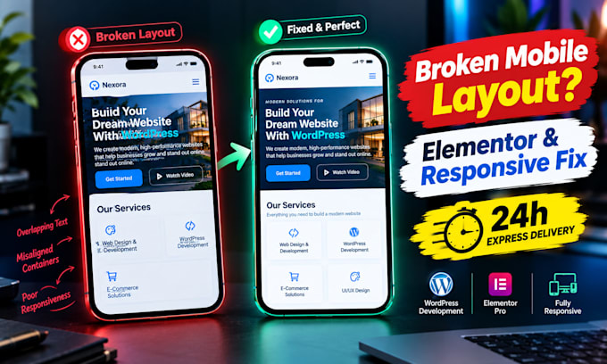 fix elementor layout bugs and mobile responsive issues urgently