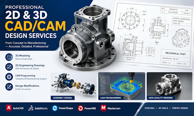 create professional 2d and 3d cad cam engineering drawings