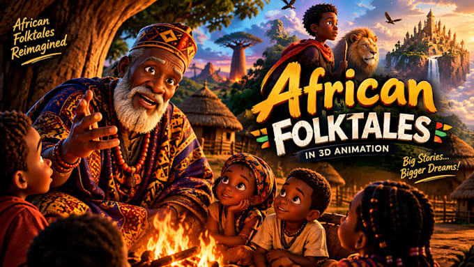 create 3d cartoon african folktale, story telling and 3d  african stories
