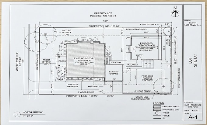 create a adu california site plan and residential plot plan building footprints