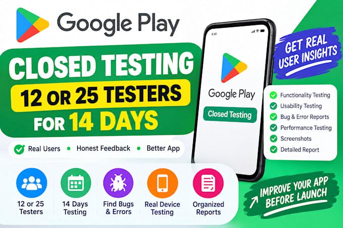 provide 12 or 25 testers for google play closed testing for 14 days with reports