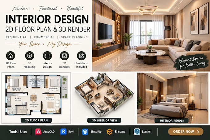 create 3d exterior elevation and interior design render