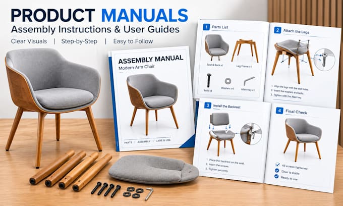 design product manuals, user guides, assembly instructions and illustrations