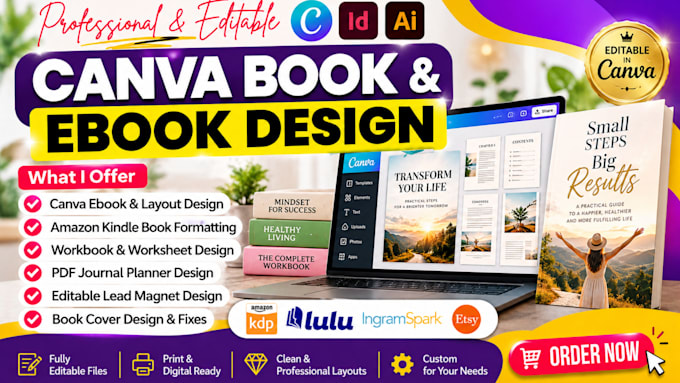 do ebook canva design, planner, layout journal, workbook, fix book cover design