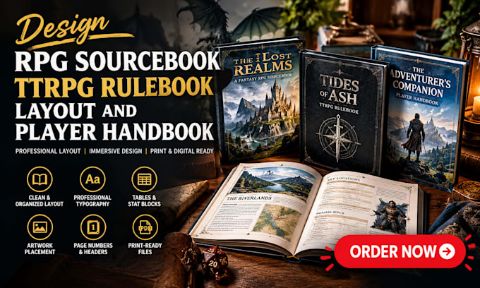 design rpg sourcebook, ttrpg rulebook layout and player handbook