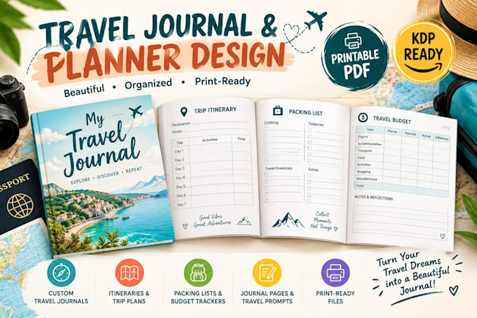 design, format and create a printable travel journal and adventure planner book