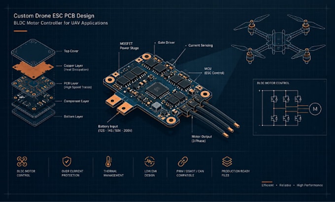 design drone esc pcb bldc motor controller with mosfet power stage for uav
