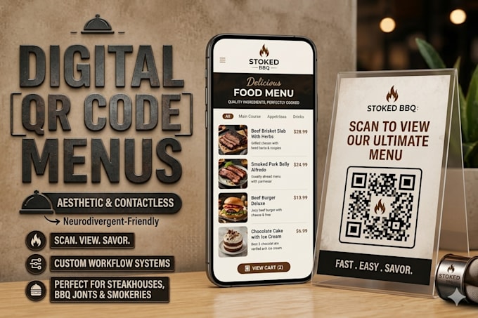 design your premium mobile restaurant menu, bbq menu, and custom branded qr code