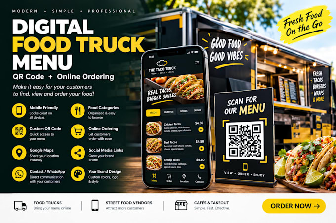 create a digital food truck menu with qr code and online ordering
