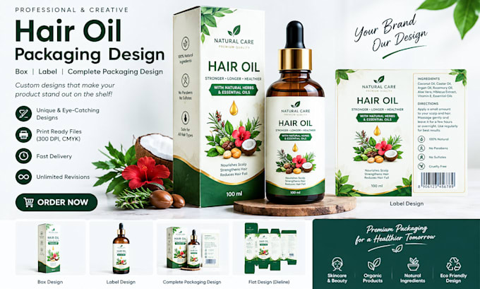 do premium hair oil box, label packaging design