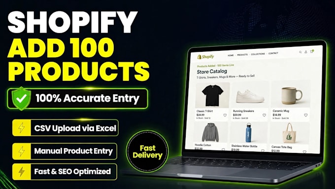 add 100 shopify products with seo description and tags