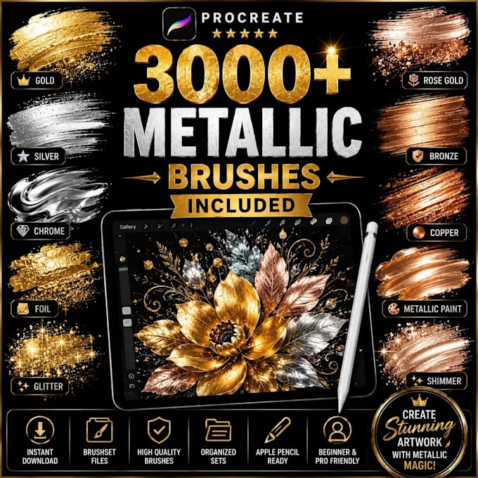 send 3000 procreate metallic mega brushes bundle