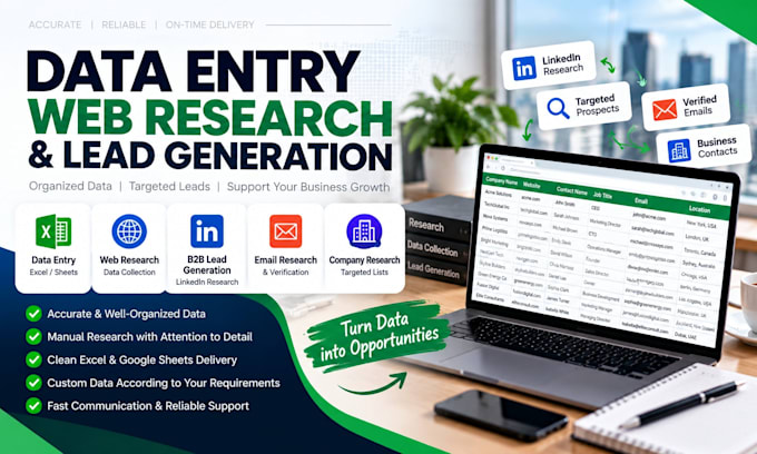 do data entry, web research and lead generation